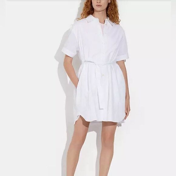 NWT Coach Wrinkled Button Down Dress White Short Sleeve Cotton Tie Pockets Mini - Picture 13 of 13